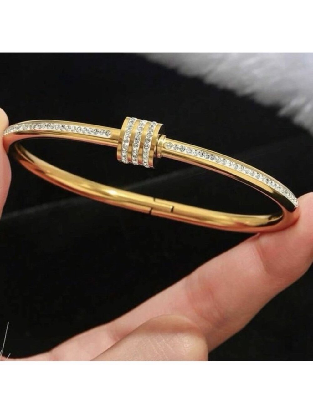 18K Gold Plated RhinestonesBangle Stainless Steel BraceletWomens Jewelry Gift
